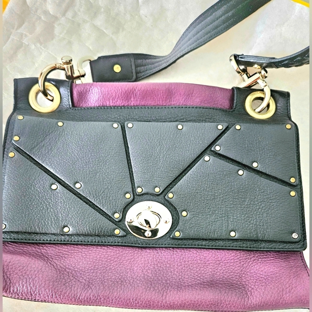 Hayden Harnett Black and Eggplant Studded Leather Shoulder Bag